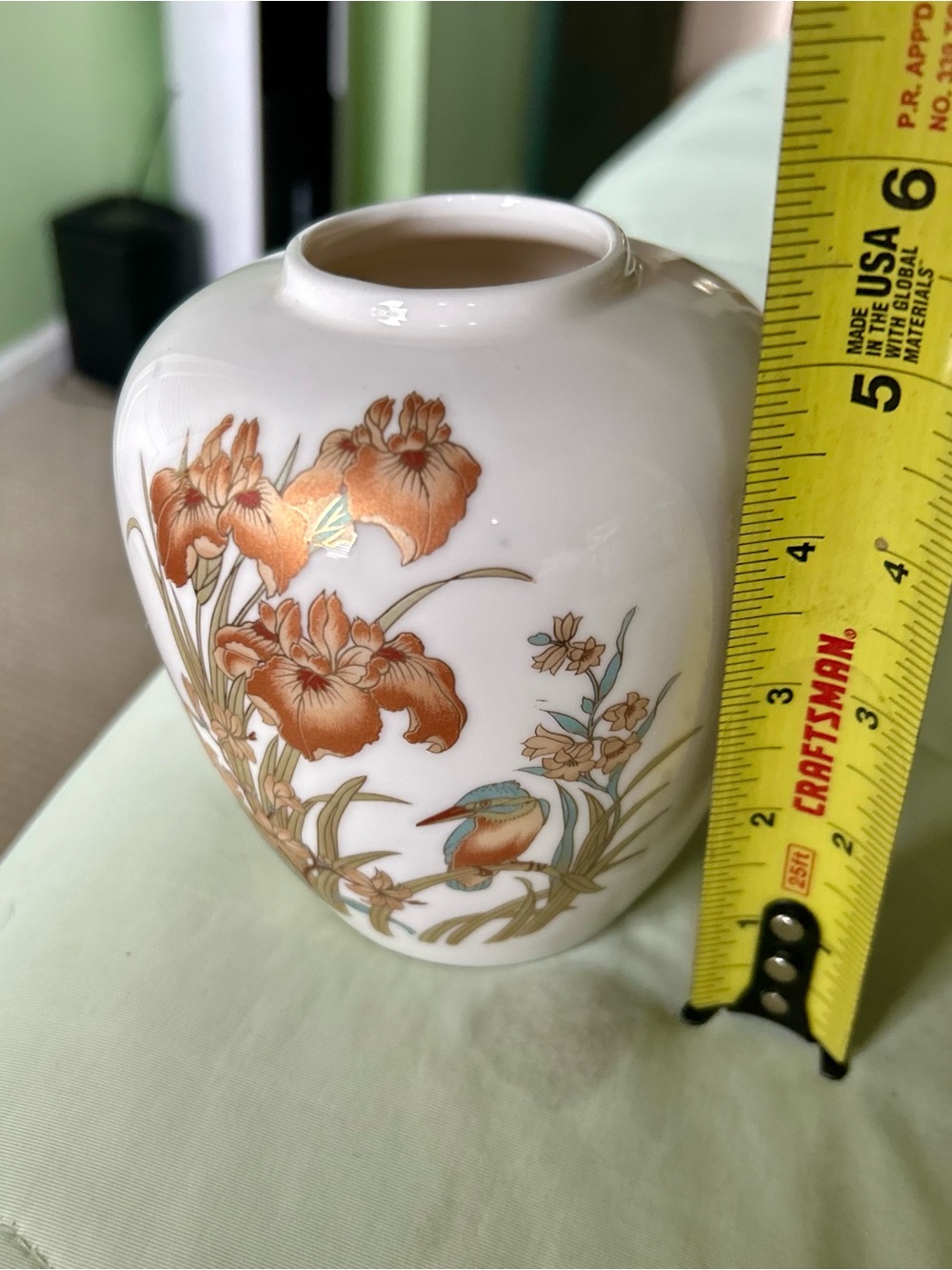 White Ceramic Vase with Brown and Beige Florals and Bird Design - Picture 6 of 8